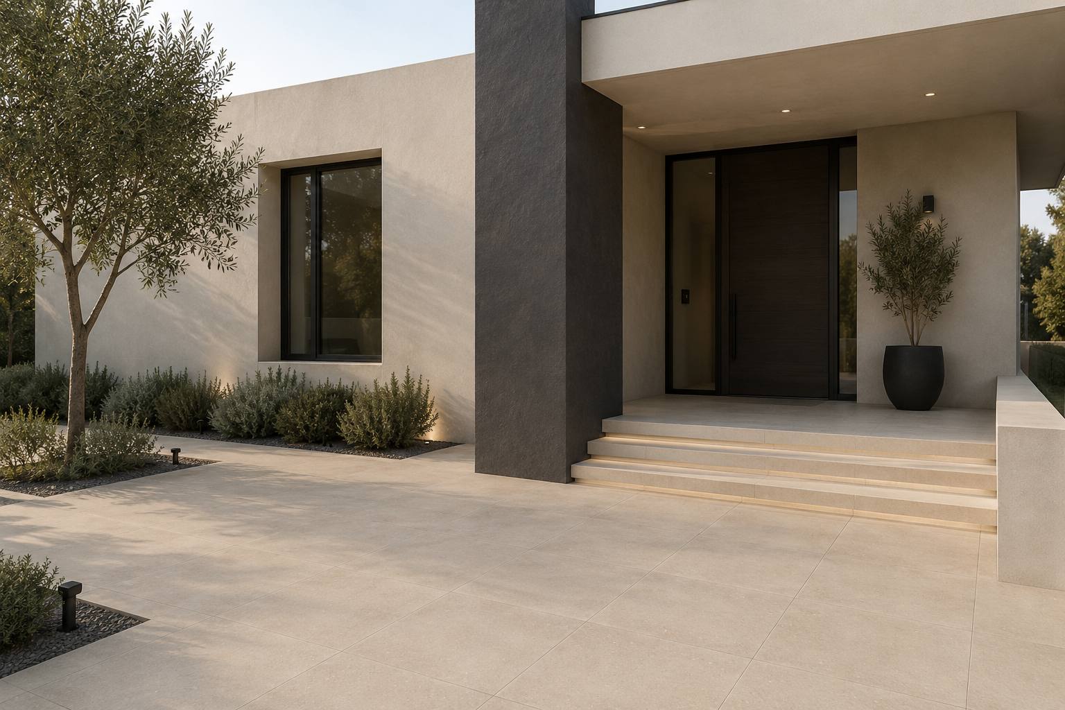 Terraza contemporánea revestida con porcelánico