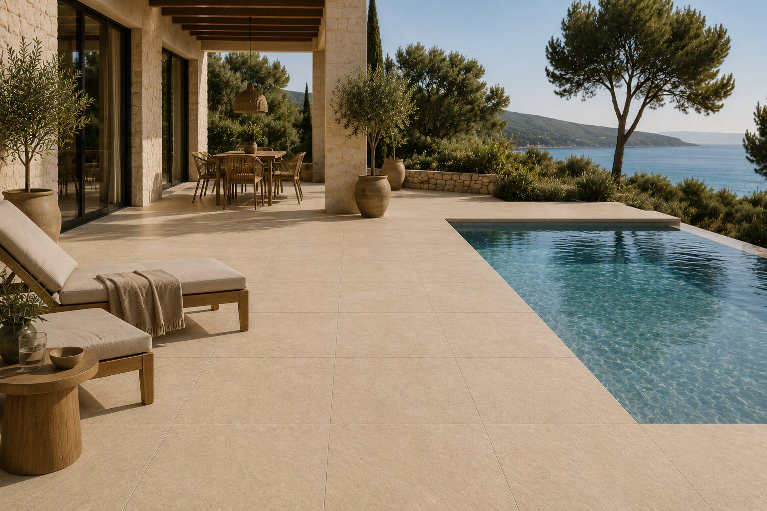 Piscina revestida con porcelánico antideslizante