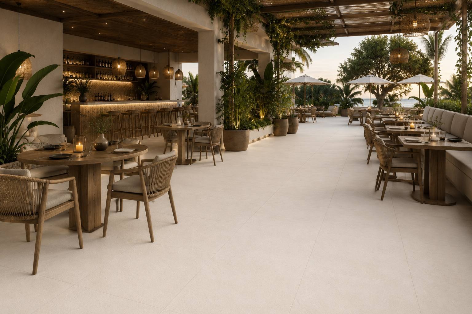 Terraza contemporánea con pavimento porcelánico