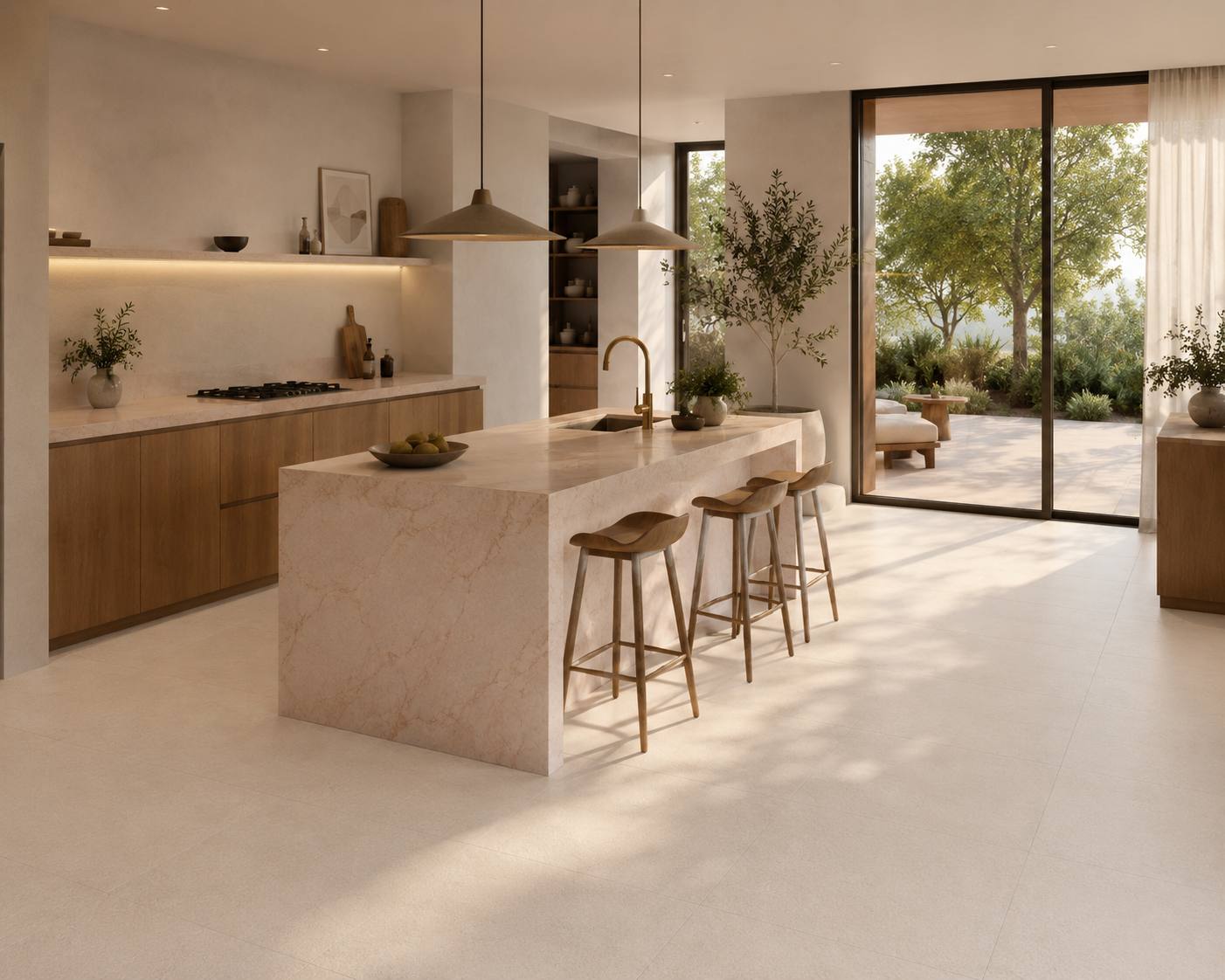 Cocina moderna con suelo y encimera porcelánica
