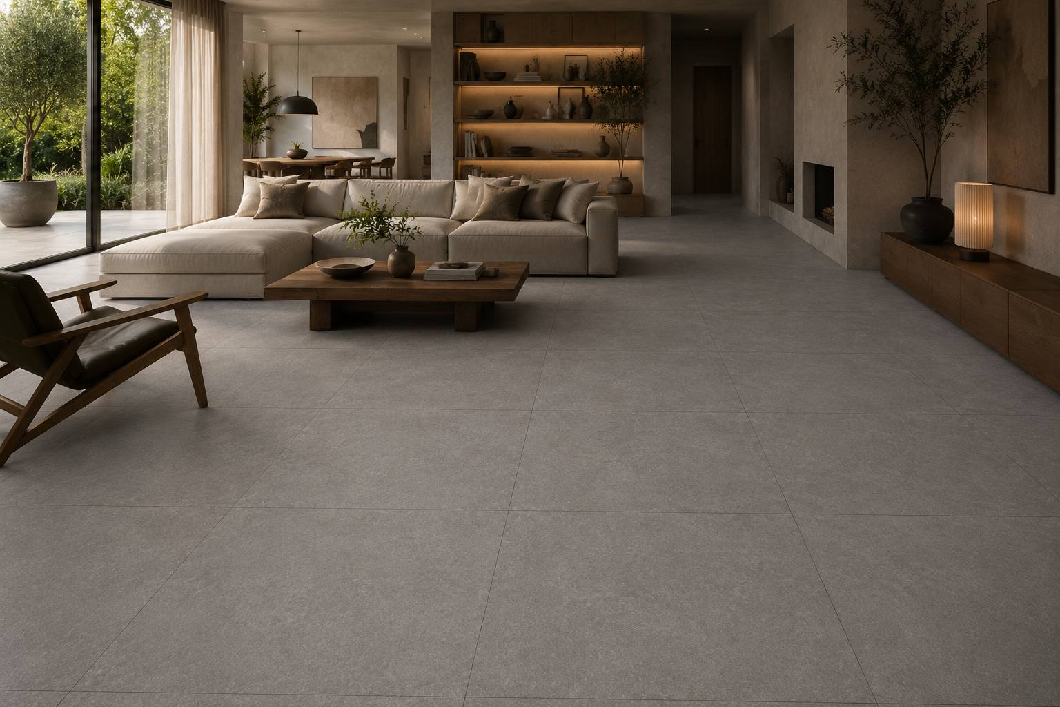 Salón elegante con pavimento porcelánico