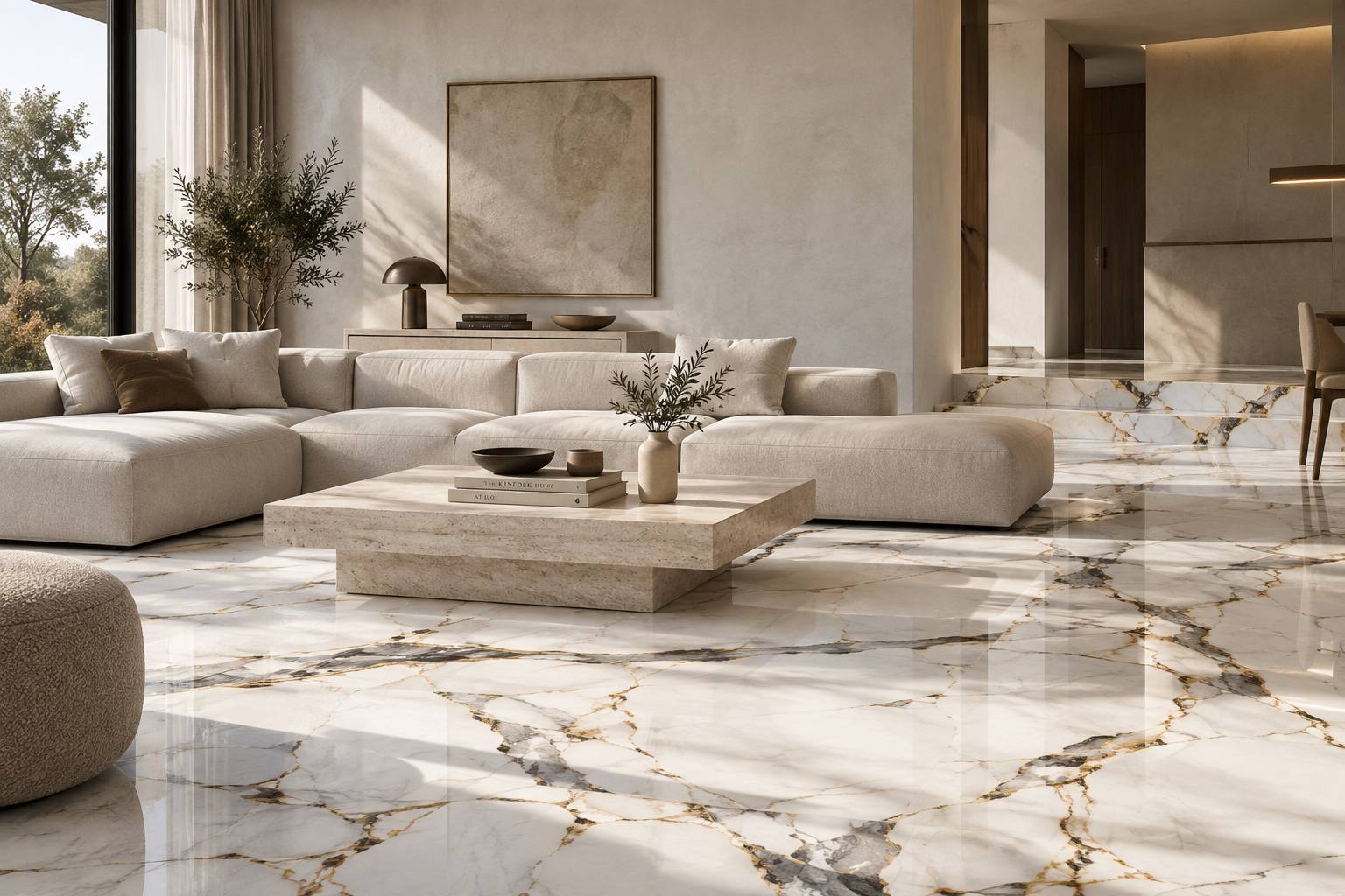Ambiente realizado con porcelánico pulido de la colección Silver and Gold