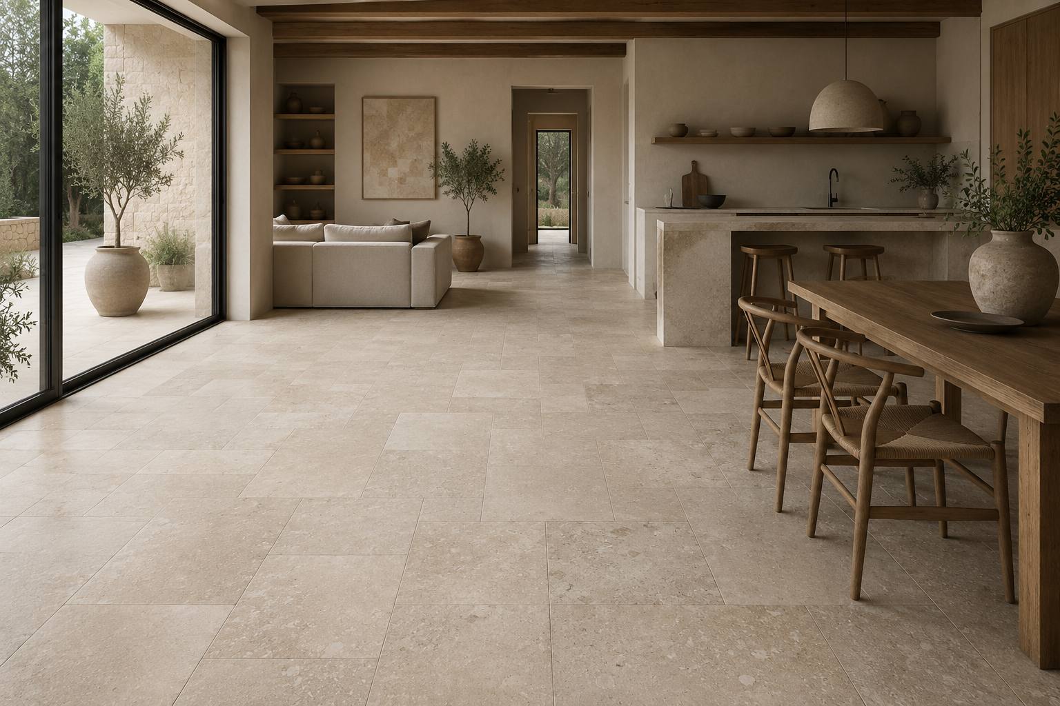 Ambiente realizado con porcelánico pulido de la colección Travertino
